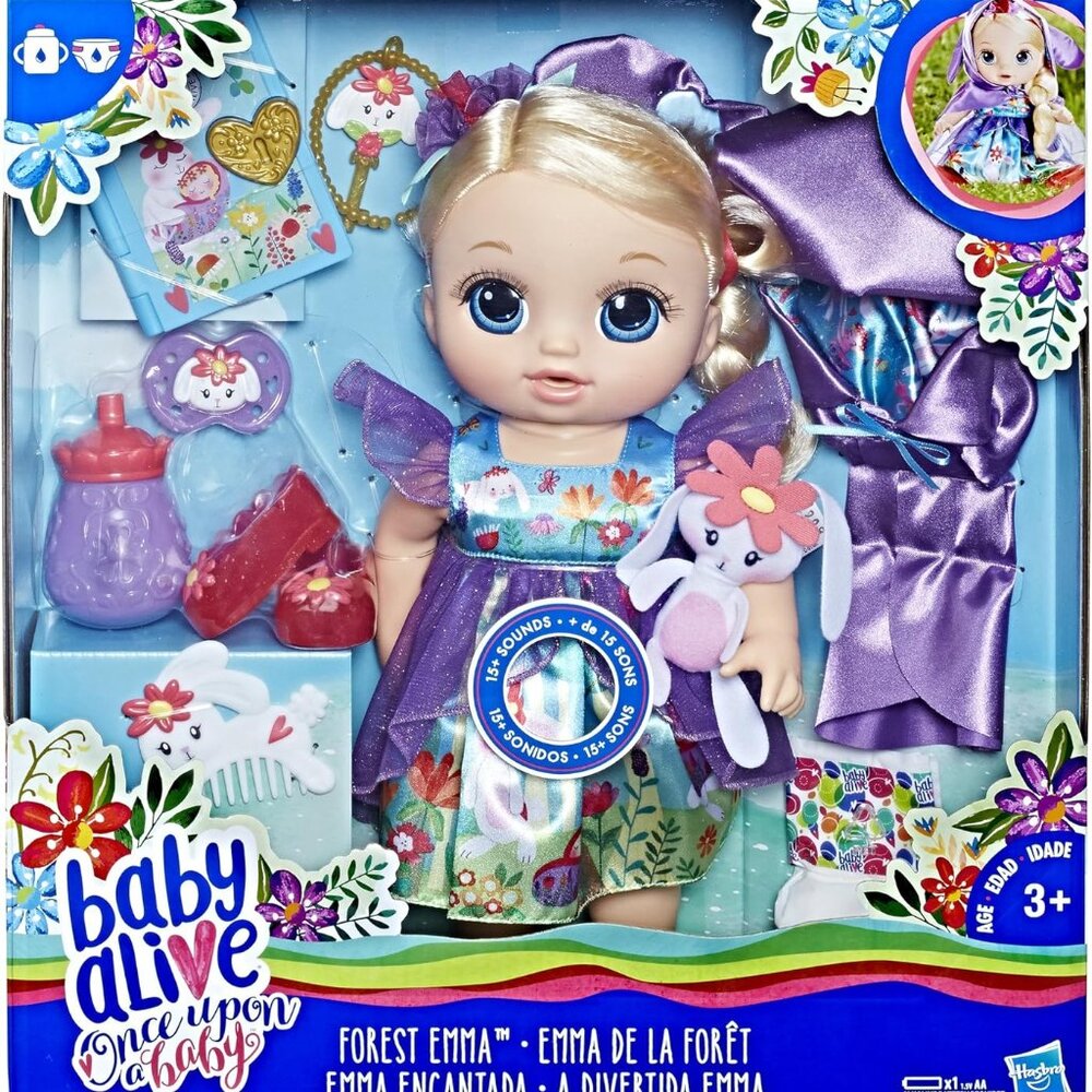 New in Box Baby Alive Forest Emma Doll w/15+ Sounds Blonde and a Mini Story Book